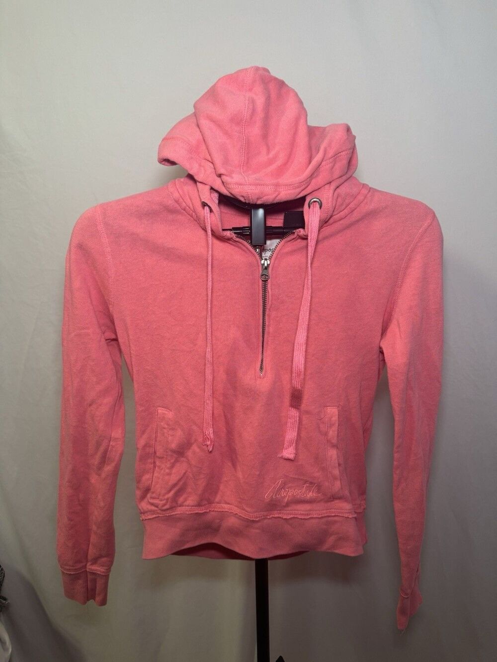 Aeropostale Half Zip Pullover Hoodie Coral Pink Womens M Tonal Embroidered Logo